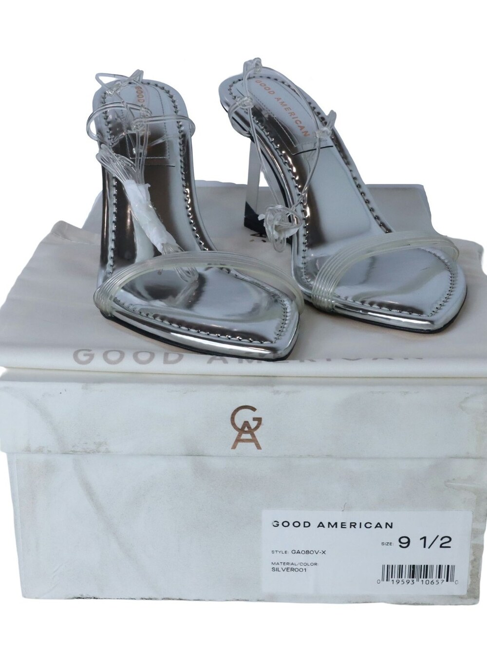 Good American Cinderella Wedge Sandals Silver Lucite Heels Women's 9.5 GA080V-X